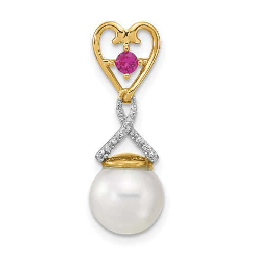 Lex & Lu 14k Yellow Gold Diamond Round FWC Pearl Created Composite Ruby Pendant - Lex & Lu