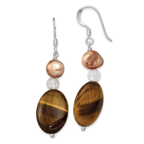 Lex & Lu Sterling Silver Rock Quartz/Tiger's Eye/FW Cultured Pearl Earrings - Lex & Lu