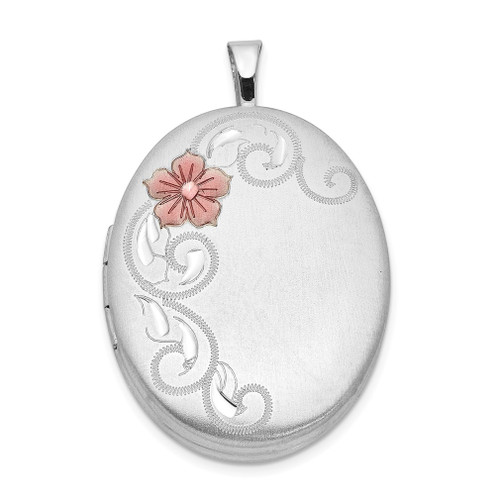 Lex & Lu Sterling Silver 26mm Enameled Flower and Scroll Oval Locket - Lex & Lu