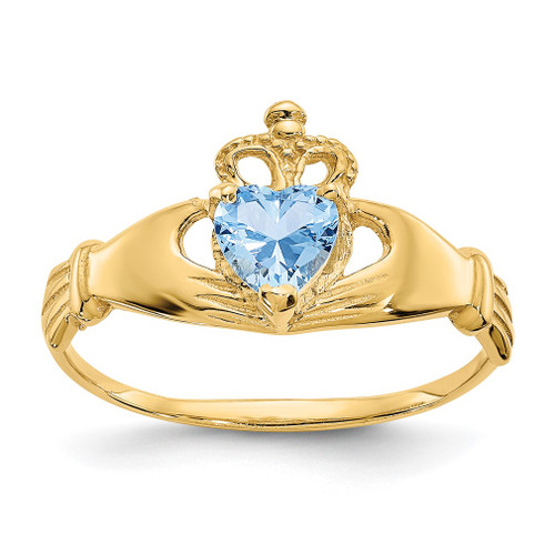 Lex & Lu 14k Yellow Gold CZ March Birthstone Claddagh Heart Ring - Lex & Lu