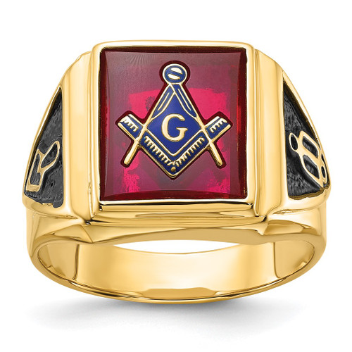 Lex & Lu 14k Yellow Gold Men's Synthetic Ruby Masonic Ring LAL98916 - Lex & Lu