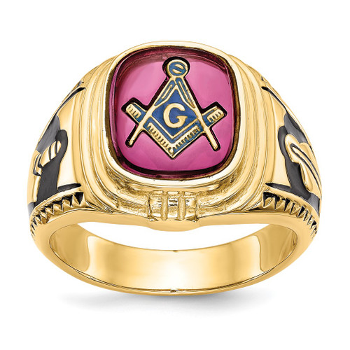 Lex & Lu 14k Yellow Gold Men's Synthetic Ruby Masonic Ring LAL98917 - Lex & Lu