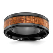 Lex & Lu Black Zirconium Polished with Wood Inlay 8mm Band Ring - Lex & Lu