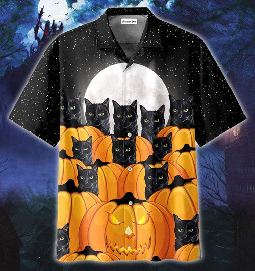 HickVibes  Black Cat Pumpkin Halloween Unisex Hawaiian Shirt