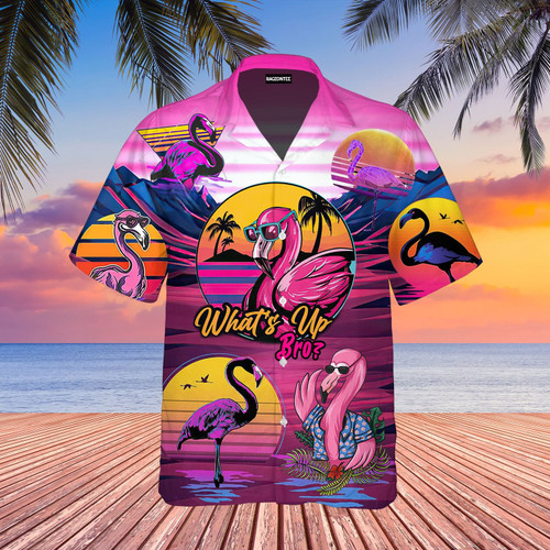 HickVibes  Flamingo Hawaiian Shirt - Retro Tropical Flamingo What's Up Bro? Hawaiian Shirt - Tropical Themed Gift Ideas