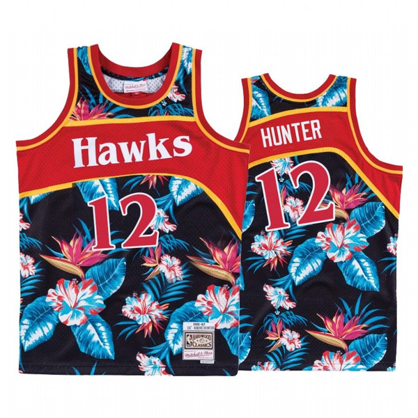 HickVibes Atlanta Hawks De'Andre Hunter Black Hardwood Classics Floral Fashion Jersey #12