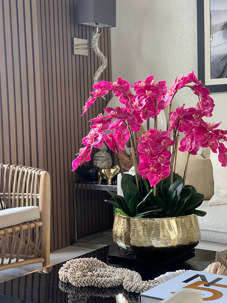 Pink Phalaenopsis Orchids Floral Arrangement in Large Gold Planter