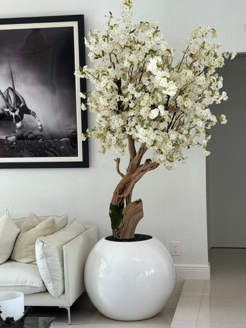 Glossy White Globe with Custom Made Cherry Blossom Tree - CFA