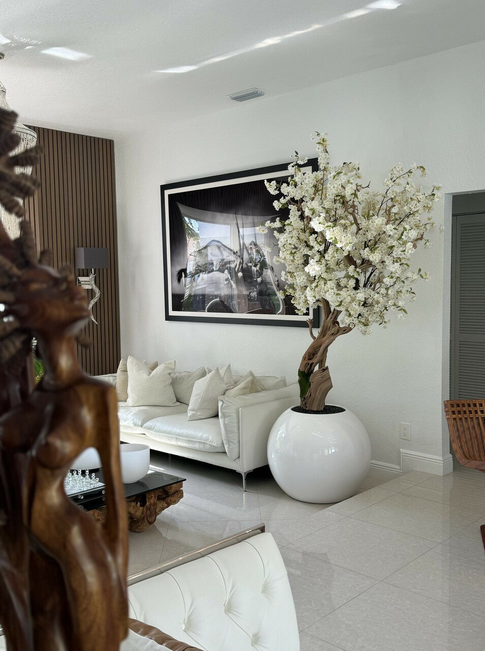 Glossy White Globe with Custom Made Cherry Blossom Tree - CFA