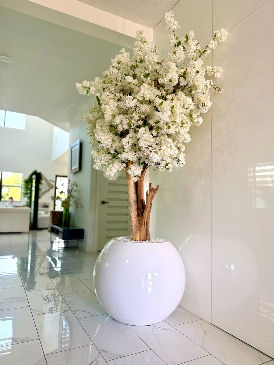 Glossy White Globe with Custom Made Cherry Blossom Tree - CFA