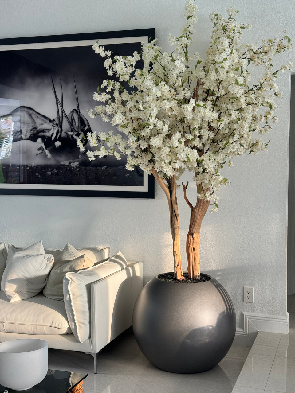 Matte Gun Metal Globe with Custom Made Cherry Blossom Tree - CFA