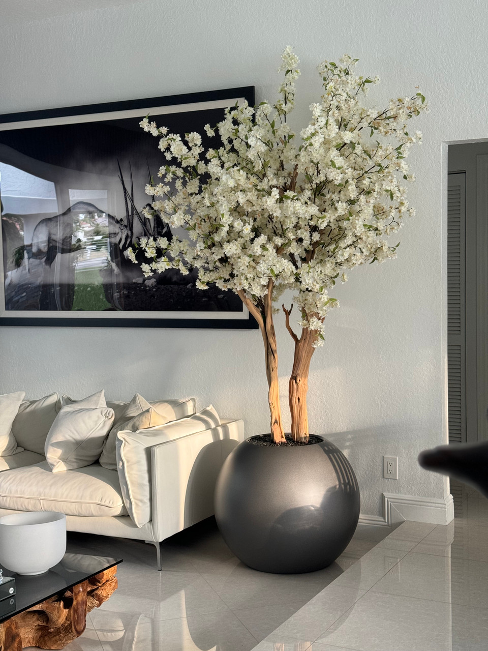 Matte Gun Metal Globe with Custom Made Cherry Blossom Tree - CFA