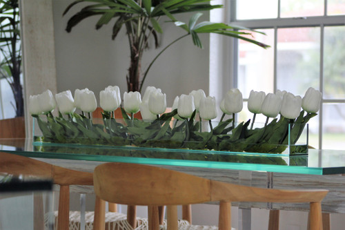 48" Casa Moderna glass plate planter with white tulips