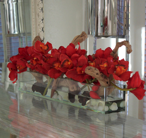 24" Casa Moderna glass plate planter with red Cymbidiums