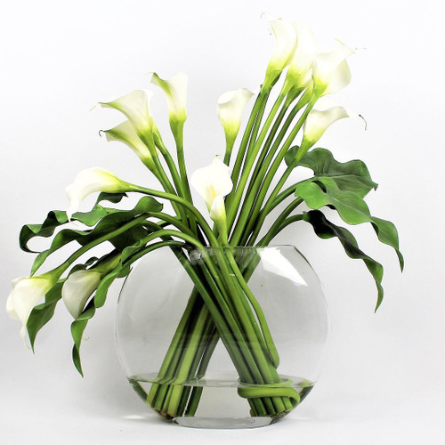Moon vase with white calla lilies