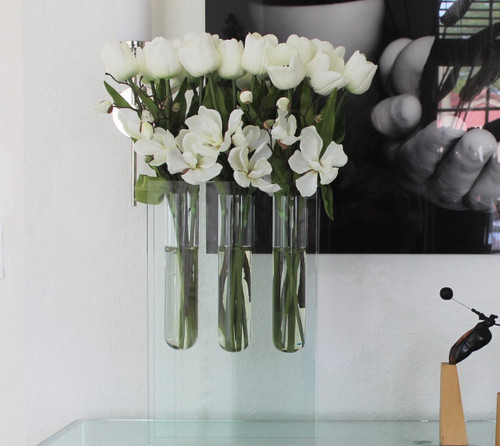 Triple bud vase with white tulips