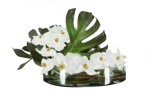 16" Heritage bowl with Monstera leaf and white orchids