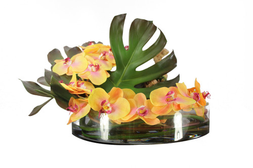 16" Heritage bowl with Monstera leaf and mango orchids