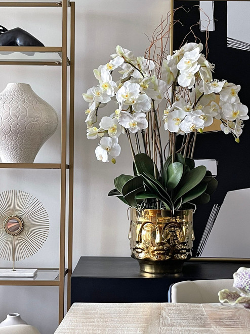 Large Polished Gold Visage Vase with Orchids