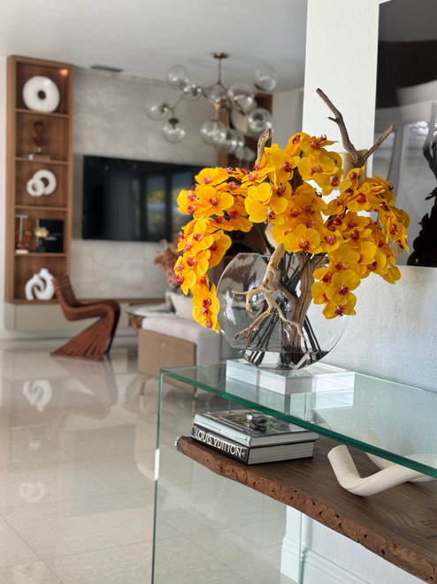 16" Glass Moon Vase with Yellow Orchids and Driftwood