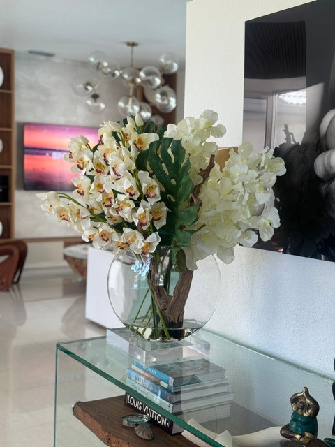 Moon Vase With White Cymbidiums And White Vandas