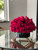Dark Pink English Roses in Black Glass Plate Vase