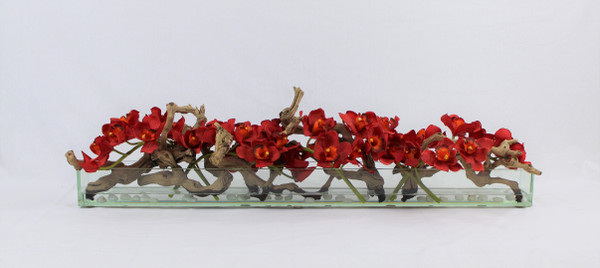 48" Casa Moderna glass plate planter with red Cymbidiums