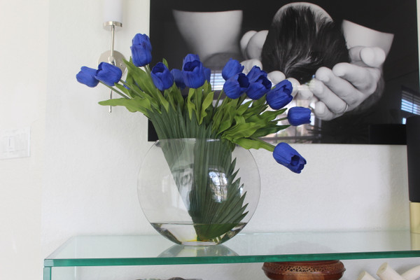 16" Moon vase with blue tulips