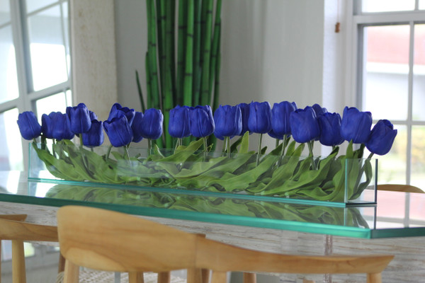 48" Casa Moderna glass plate planter with blue tulips