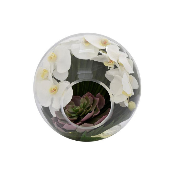 Crosswinds vase with white orchids and palm