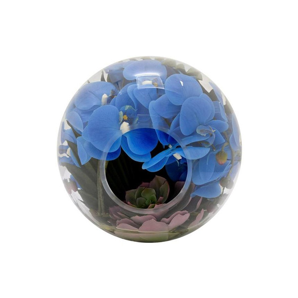 Crosswinds vase with blue orchids and palm