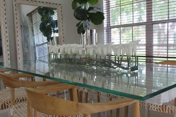 48" Casa Moderna glass plate planter with white callas