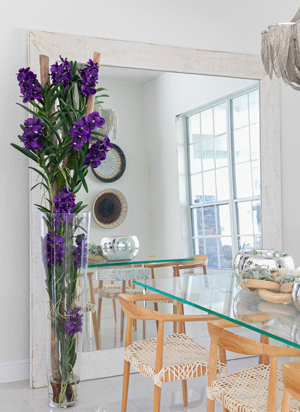 Purple Vanda Orchids And Driftwood Inside Oversized Tapered Glass Cylinder