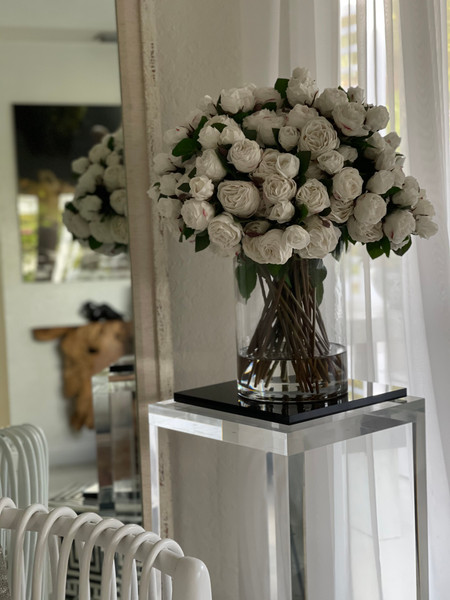 White English Roses in 16" Glass Rota Vase