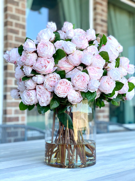 Blush English Roses in 16" Glass Rota Vase