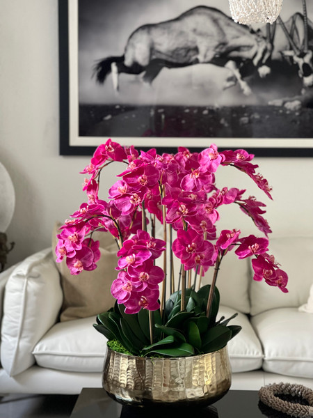 Pink Phalaenopsis Orchids Floral Arrangement in Large Gold Planter