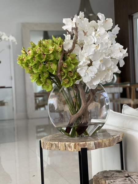 Moon Vase with White Vanda Orchids and Green Cymbidiums