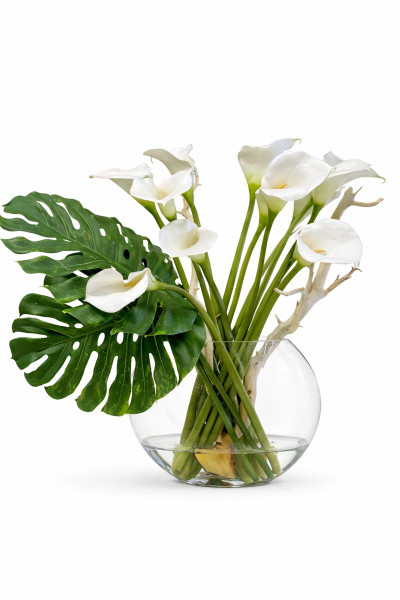 Handblown Moon Vase with Calla Lilies & Monstera Leaves