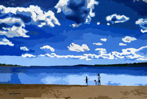 Large horizontal impressionist oil landscape painting of a family of three standing on a beach under a blue and white cloudy sky by Dan Harkins