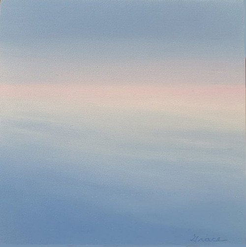 Small square oil painting of a soft pink and periwinkle blue horizon blurred in a misty sky by Grace Cooper.