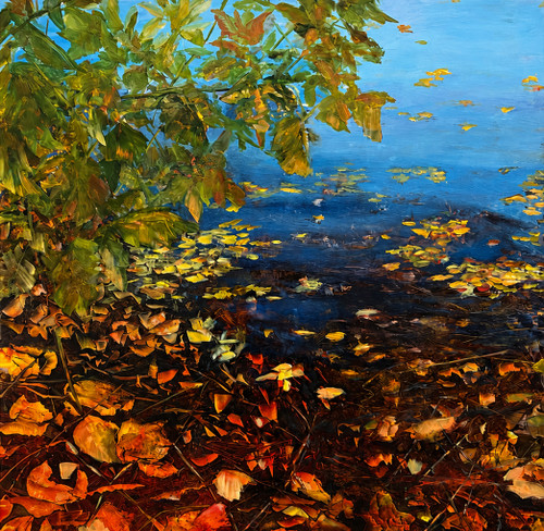 Large square impressionist oil painting on a metallic aluminum panel of orange autumn leaves floating on a blue pond below green branches by Gayle Bowen