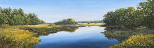An original panoramic oil painting on linen by Sally Ladd Cole titled Early June Durham Marsh, depicting a wide, reflective blue river winding through green and gold marsh grasses and summer trees.