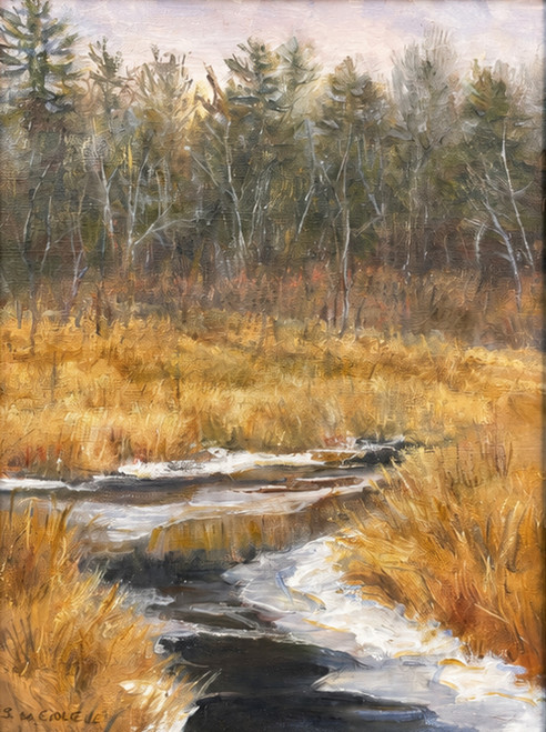 An original oil painting on linen by Sally Ladd Cole titled Late Farm Meadow, depicting a small winter stream with snow patches winding through golden marsh grass toward a dense background forest.