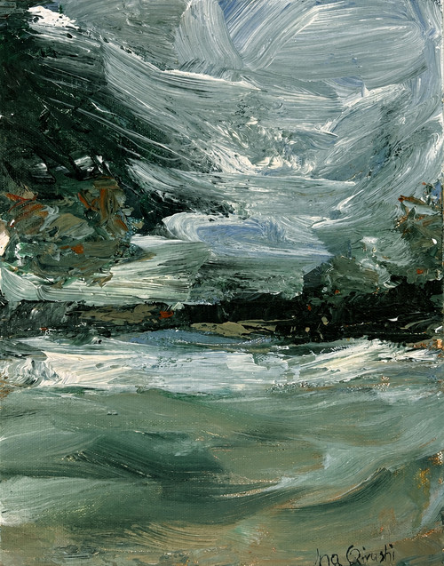 Vertical abstract impressionist acrylic landscape painting of white waves crashing on a blue winter sea under a heavy gray sky by Ina Qirushi