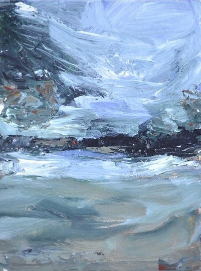 An original vertical abstract acrylic landscape painting by Ina Qirushi titled The Tempest, featuring a swirling blue-and-gray storm sky over crashing white waves and dark rocks.