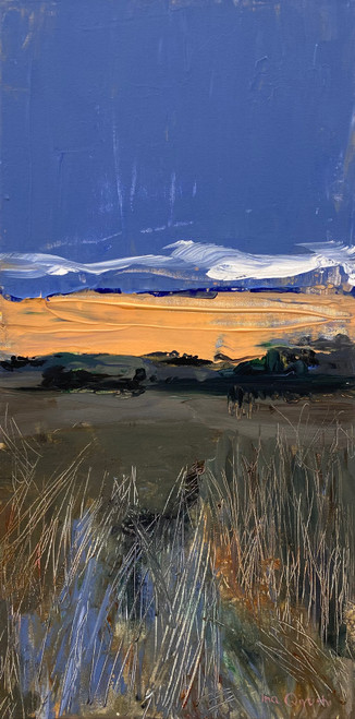 An original vertical abstract acrylic landscape painting by Ina Qirushi titled Summer Twilight, featuring a deep blue sky with white clouds, a bright orange sunset band, and a dark field with scratched grass textures.