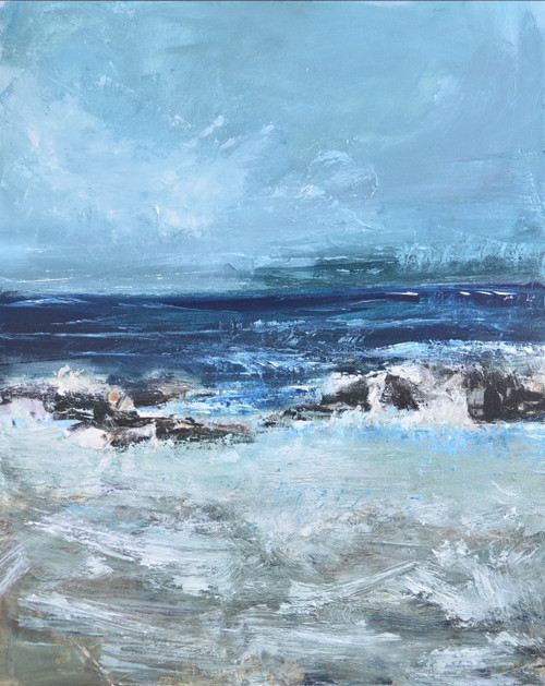 An original vertical abstract acrylic seascape painting by Ina Qirushi titled Vast Ocean View, featuring a light blue cloudy sky over a dark blue sea crashing with white foam against rocks.