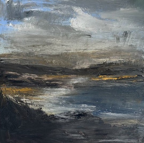 An original square abstract acrylic landscape painting by Ina Qirushi titled Storm on Bay, featuring a cloudy gray sky with a small patch of blue over a dark bay with a rocky shoreline.