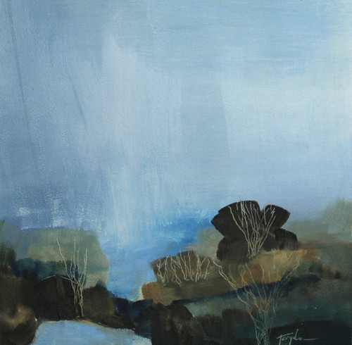 Square abstract oil painting of a misty periwinkle blue sky over dark green ridges and a fan-shaped tree silhouette by Tanya Hayes Lee