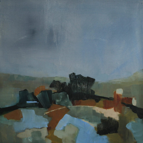 Square abstract oil painting of a stormy slate blue sky over a green field with blue pools and sienna shapes by Tanya Hayes Lee.